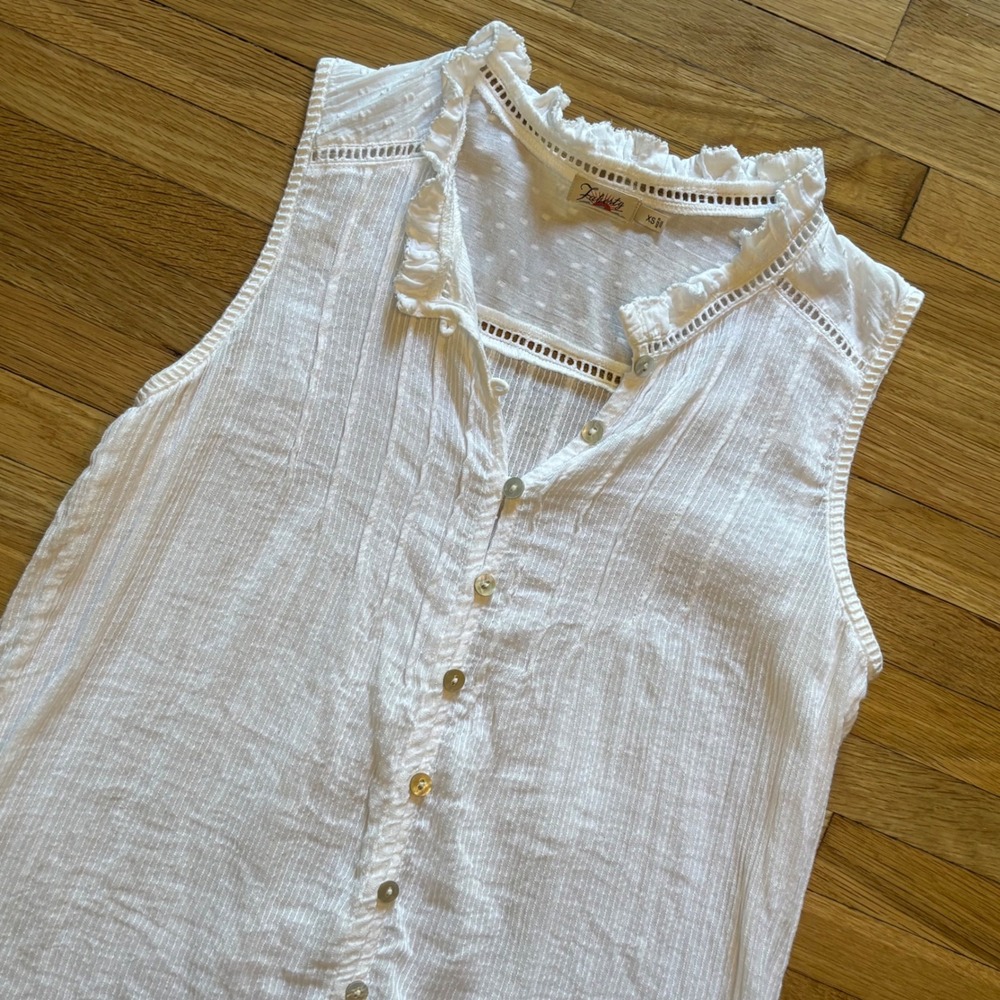 Faherty Willa Sleeveless Blouse White XS Organic Cotton Coastal Pin-Tuck Ruffle